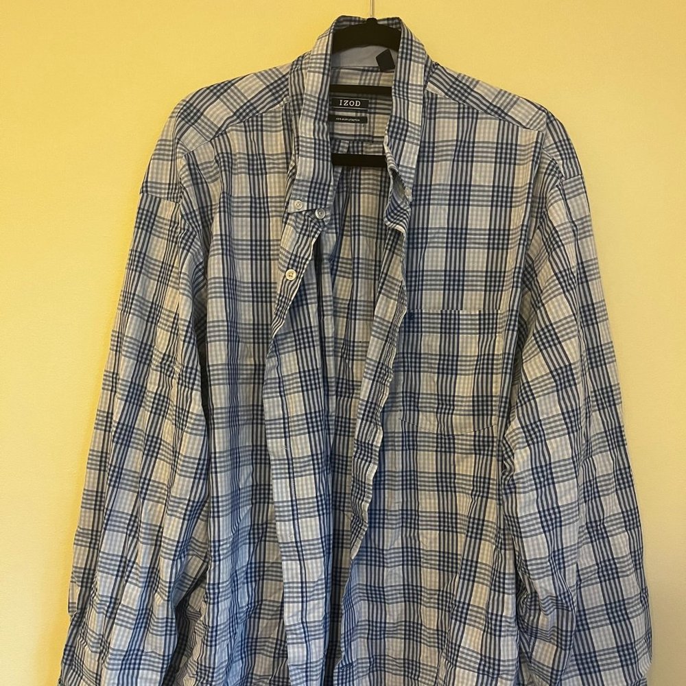 Izod Non-Iron Stretch Blue Plaid Button Up Shirt 2XL